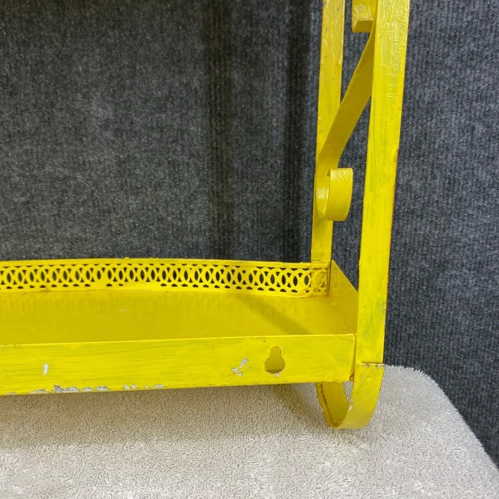 Vintage Yellow Metal 2 Tier Wall Shelf Scrollwork Gallery Rail 14x12x4